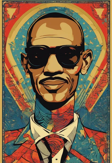 imagem de um homem de terno e gravata, inspirado em Emory Douglas, Estilo de Shepherd Fairey, Gustavo Fring, Shepard Fairey, Poster de Shephard Fairey, inspirado em Lubin Baugin, inspirado em Thomas Blackshear, inspirado em Barkley Hendricks, Retrato no es...