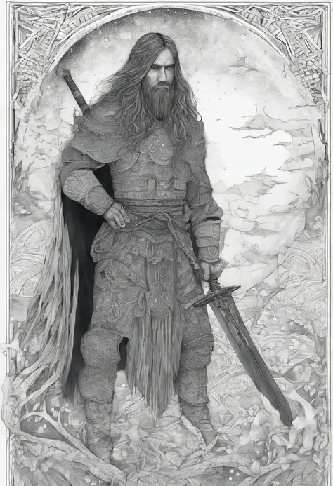 The Eastern long-haired swordsman holds the sword, Starry skies and mist shroud the landscape.