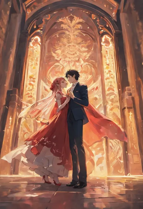 ancient wind，Big married couples，(a young man and a woman)Wearing a big red wedding dress，The bride is beautiful，The groom is tall and handsome