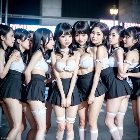 (((12 Tiny Girls in a row:1.2, Shibuya Hachiko-mae scramble crossing on Halloween:1.2))), (masterpiece:1.2, best quality, photorealistic:1.37), {(Standing Full Body:1.2)|(from below:1.2)}, short silver hair, {School Uniform|naked bandage|tutu}, ((Detailed ...