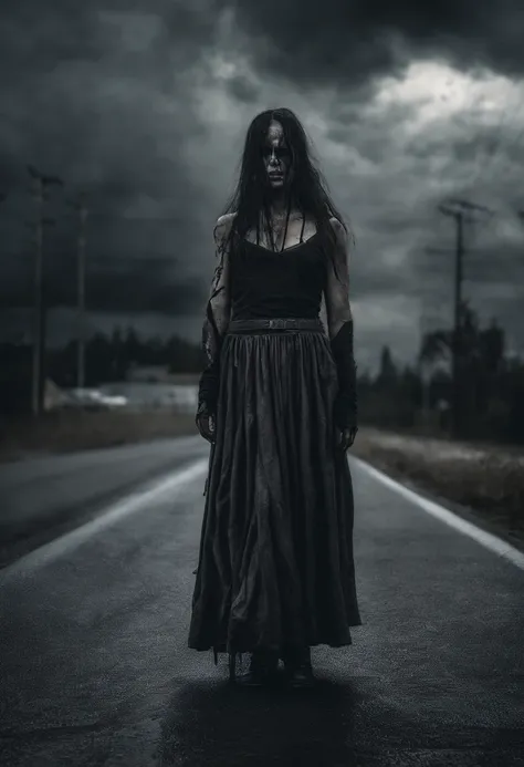 Sexy woman wears long skirt, Hasty escape on the highway，I dont know the unknown danger ahead，Dark clouds，Cloudy sky, The Sony A6400 camera uses a 50mm Sigma lens to take pictures from behind,The sky is eerie，The atmosphere is dangerous，terroral，The feelin...