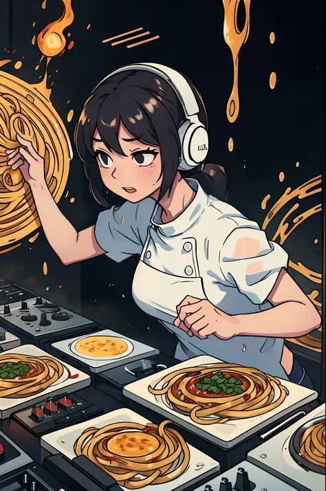 female cook frying spaghetti wet slopping soaking dripping on dj decks