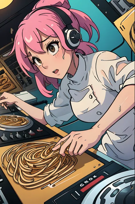 female cook frying spaghetti wet slopping soaking dripping on dj decks