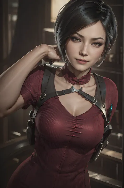 1 rapariga， 独奏， ada wong in the resident evil 4 remake， short detailed hair, brunette color hair， red cheongsam， short-sleeved s...