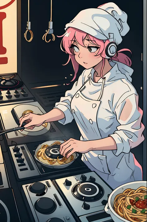 female cook frying spaghetti wet slopping soaking dripping on dj decks