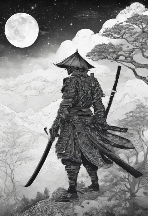 The samurai holds a katana, Starry skies and mist shroud the landscape.