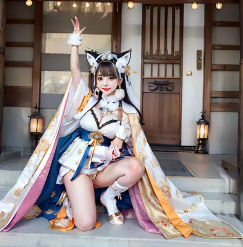 Idol in white Japan priestess costume、large full breasts、beautiful foot、silber hair、Good Style、、Japan Jacket、、It has an orange line in it.、Superstar、Fox headband