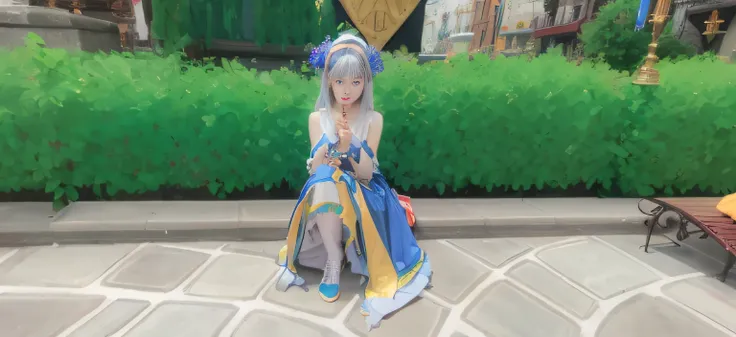 female priestess in a blue dress, silver hair, wearing blue flower hairband