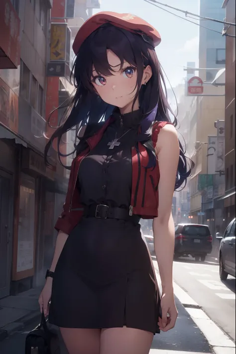 misatokatsuragi, misato katsuragi, long hair, (brown eyes:1.5), blue hair, purple hair,
BREAK hat, dress, bare shoulders, jewelry, jacket, earrings, open clothes, sleeveless, necklace, black dress, open jacket, sleeveless dress, beret, short dress, cross, ...