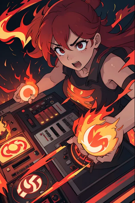 (highres:1.2)female panicking, panic expression,burning dj decks,illustration,emotional,tense atmosphere,fiery background,smoke,surrounding flames, intense lighting,dynamic perspective,vivid colors, 3D rendering,dramatic angle,incandescent glow,energetic p...