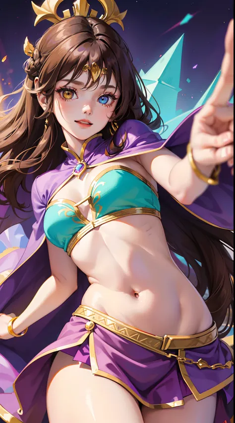 young girl, Long brown hair, Heterochromia, purple and yellow eyes, Smile, purple tight top, Turquoise skirt, open belly, Kings Cape, diadem, Gold Elements, She-ra, Masterpiece, hiquality, 4k, HD, Good detail