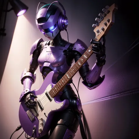 Robot holding guitar, violet, light background