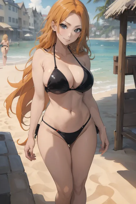 (​masterpiece、top-quality、top-quality、Beautifully Aesthetic:1.2)、ighly detailed、highestdetailed、grey  eyes、orange color hair|Semi-long blonde hair、cleavage of the breast、((Black Bikini))、(highleg)、Matsumoto Rangiku、graffiti art、Look at the viewer、A smile、s...