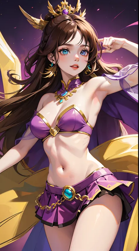 young girl, Long brown hair, Heterochromia, purple and yellow eyes, Smile, purple tight top, Turquoise skirt, open belly, Kings Cape, diadem, Gold Elements, She-ra, Masterpiece, hiquality, 4k, HD, Good detail