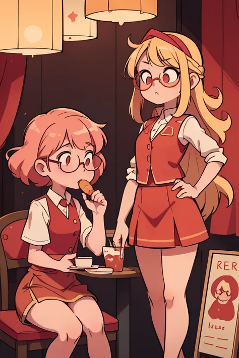 2 girls, one with blonde hair with curly bangs in a red skirt and a red vest with glasses, sitting at the table, eats, another o...