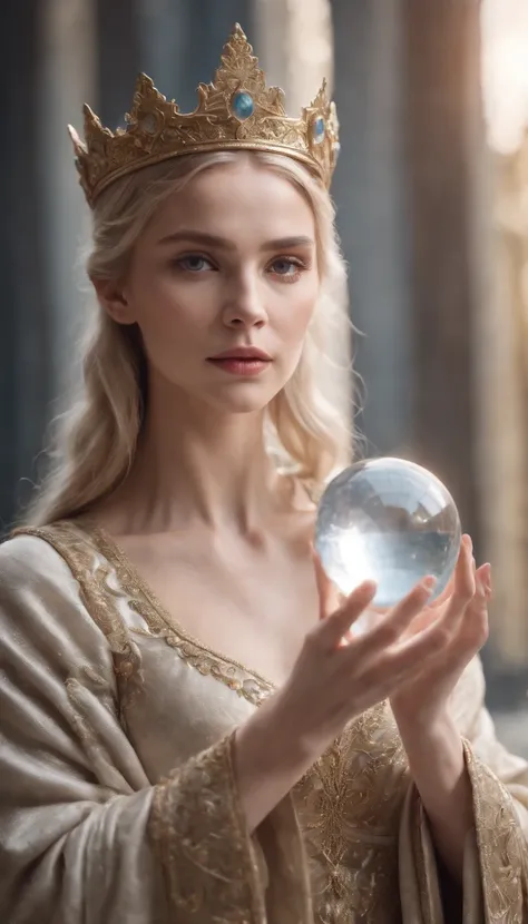 (norse goddess, Wearing a crown, Holding a magical crystal ball, casting spells, Best quality, 4K 分辨率, Flawless face, In a luxurious palace, Surreal art)