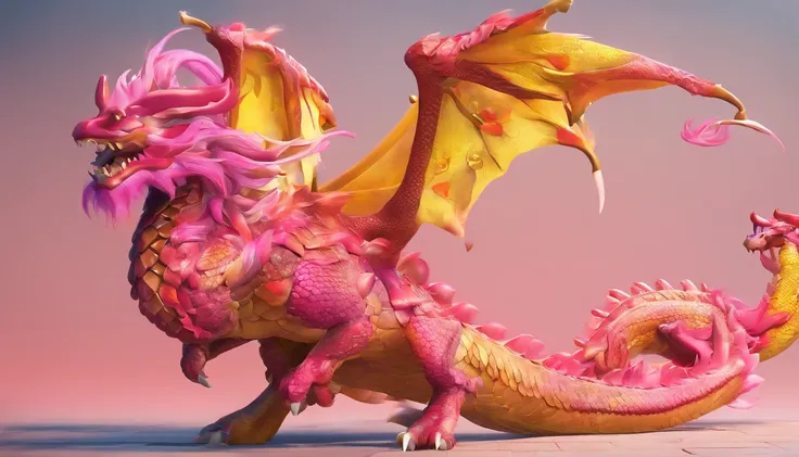 Chinese anime - dragon style with yellow mane and pink dragon horns, cute detailed digital art, Beautiful digital painting, cute 3 d render, Enchanting digital art, 3 d render stylized, Hyper-detailed fantasy character, 8k high quality detailed art, cute d...