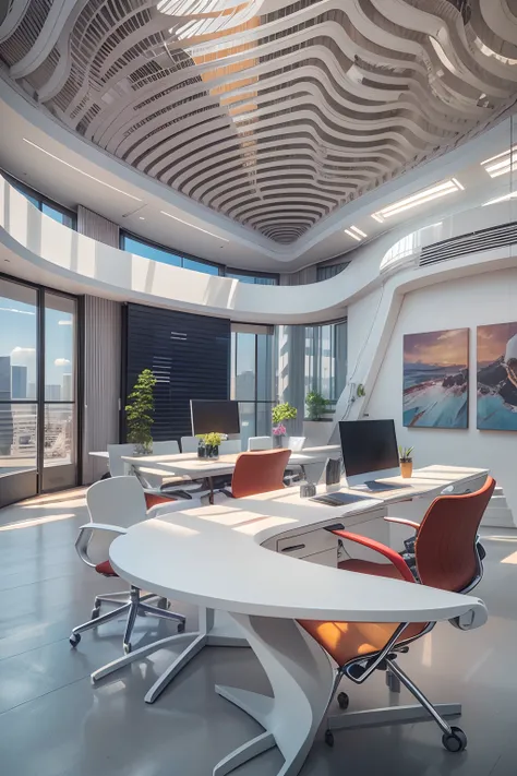 office room，There is a wall in the middle of the office,The painting on the wall is in the middle, Paintings on the walls, skyscape, Large airy windows, Zaha Hadid and Santiago Calatrava landscape panoramic style, Fish, Clear light, Edge lighting, Perfect ...