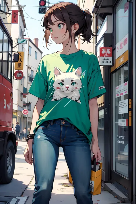 petite girl, brown-hair, blue and green eye, black flared jeans, white tshirt, manga