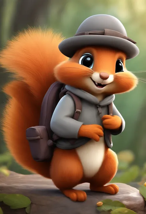 cute cartoon fluffy squirrel with backpack colleting nuts happily wearing a gray hat