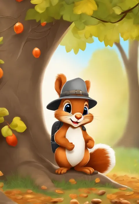 cute cartoon fluffy squirrel with backpack colleting nuts happily wearing a gray hat under a tree near tree