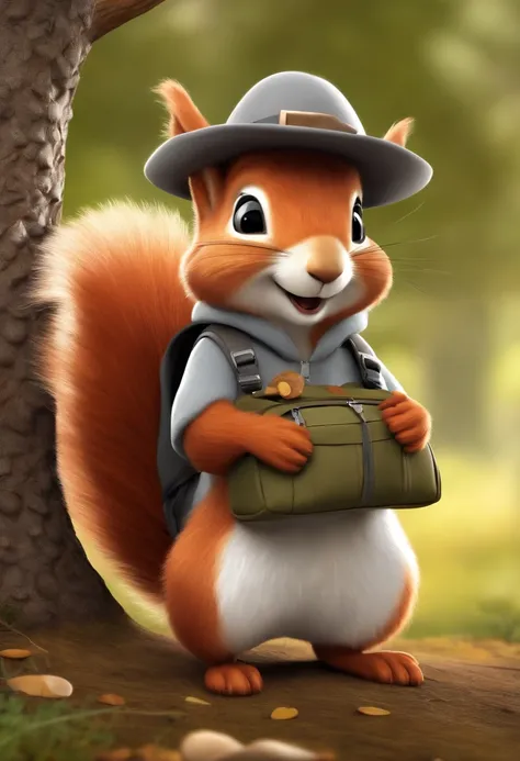 cute cartoon fluffy squirrel with backpack colleting nuts happily wearing a gray hat under a tree near tree