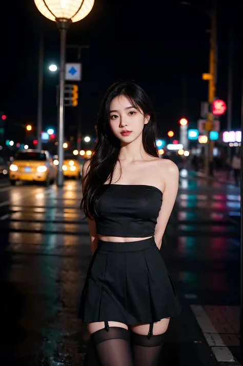 (8k, RAW photo, best quality, masterpiece:1.4), ultra high res, (realistic, photo-realistic:1.48),omertosa,1girl,(Kpop idol), (aegyo sal:1),cute, (super bokeh night city center:1.25), bokeh, night, traffic lights, road sign, rain, after rain, wet, professi...