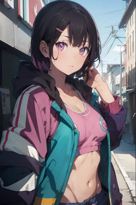 shizukamikazuki, shizuka mikazuki, short hair, purple hair, hair ornament, hairclip, (pink eyes:1.5), swept bangs, (small breast:1.2),
BREAK navel, cleavage, jacket, open clothes, midriff, hood, open jacket, blue jacket, hooded jacket, sports bra, hood dow...