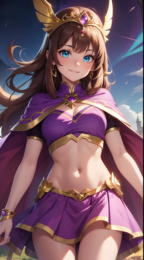 young girl, Long brown hair, Heterochromia, purple and yellow eyes, Smile, purple tight top, Turquoise skirt, open belly, Cape King, diadem, Gold Elements, She-ra, Masterpiece, hiquality, 4k, HD, Good detail