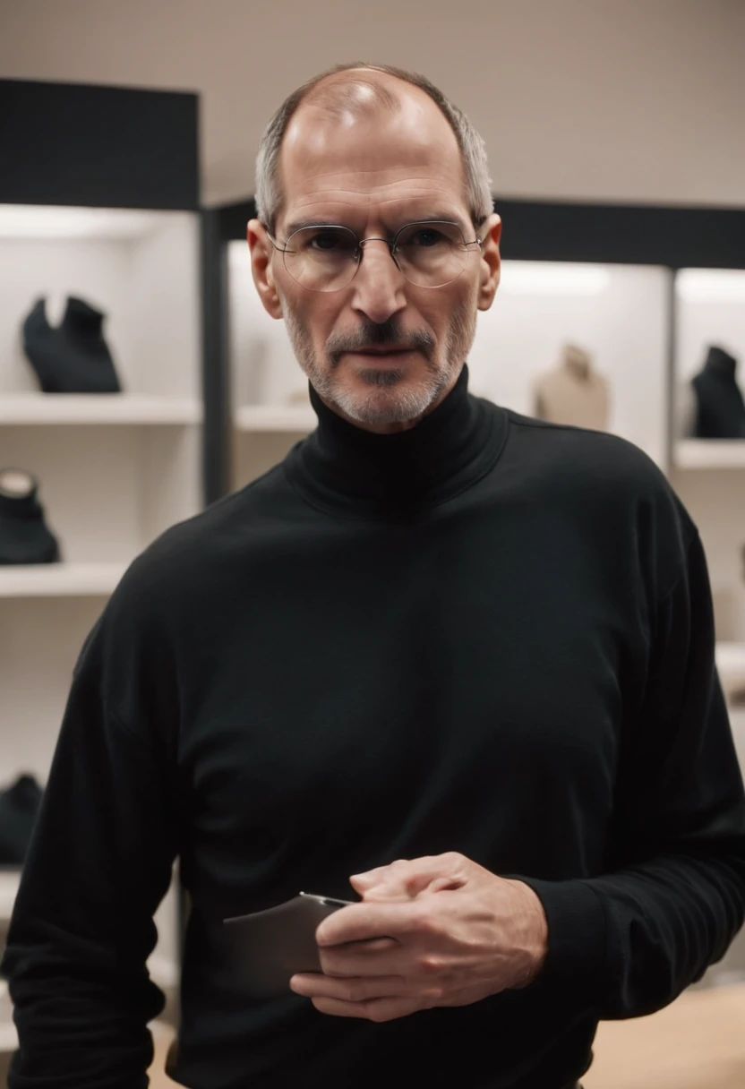 steve jobs in a clothing store with a turtleneck shirt, in his hand holding a black turtleneck shirt