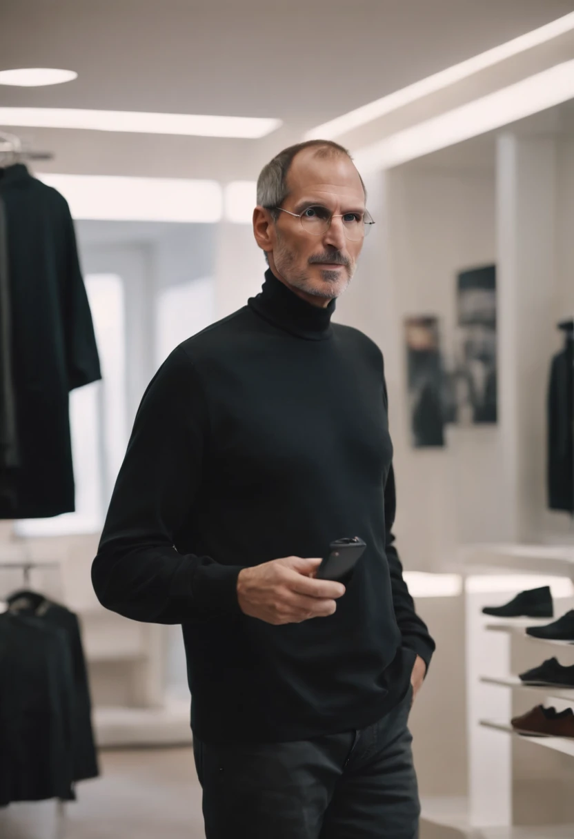 steve jobs in a clothing store with a turtleneck shirt, in his hand holding a black turtleneck shirt