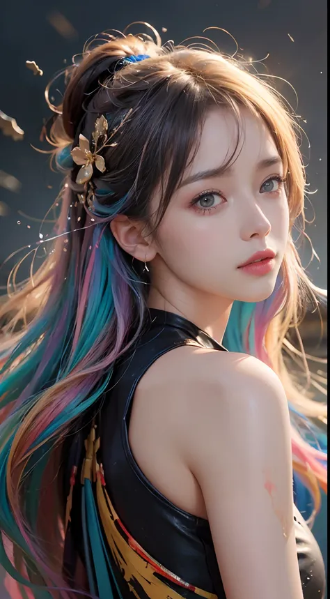 (level difference: 1.8),(Paint colliding and splashing on canvas),(Depth of field),adorable creature,elegant, strong between boho and modern. With many colors and no defined (liquid paint rainbow hair:1.1) Made of paint，anti gravity, Thick flow, (Splashes ...