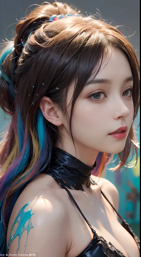 (level difference: 1.8),(Paint colliding and splashing on canvas),(Depth of field),adorable creature,elegant, strong between boho and modern. With many colors and no defined (liquid paint rainbow hair:1.1) Made of paint，anti gravity, Thick flow, (Splashes ...