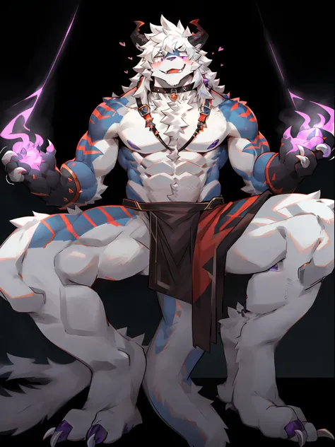 One guy，独奏，Full body like，shaggy male，hairy bodies，Correct anatomy，Detailed double eyes，glowing light eyes，Wearing a naked，Black loincloth，Muscular，long  white hair，drak，shoun（thin tall body type），male people，There are small horns on the head，black-skinned...