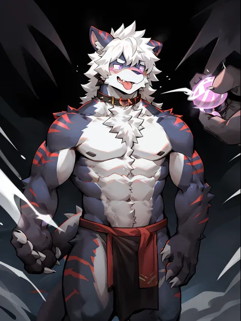 One guy，独奏，Full body like，shaggy male，hairy bodies，Correct anatomy，Detailed double eyes，glowing light eyes，Wearing a naked，Black loincloth，Muscular，long  white hair，drak，shoun（thin tall body type），male people，There are small horns on the head，black-skinned...