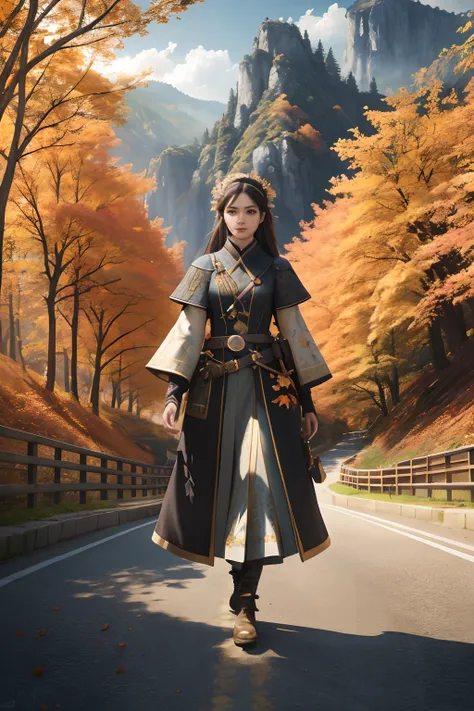 Masterpiece, Best quality, High quality, Extremely detailed Cg Unity 8K wallpaper,landscape with texture ,Beautiful view of autumn，maple trees，hillside，rios，A beautiful woman walking down the road,Perfect figure，award winning photography, Bokeh, Depth of f...