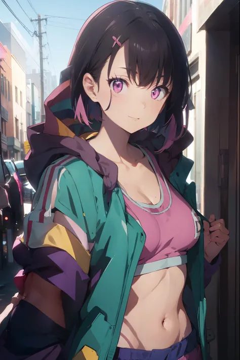 shizukamikazuki, shizuka mikazuki, short hair, purple hair, hair ornament, hairclip, (pink eyes:1.5), swept bangs, (small breast:1.2),
BREAK navel, cleavage, jacket, open clothes, midriff, hood, open jacket, blue jacket, hooded jacket, sports bra, hood dow...