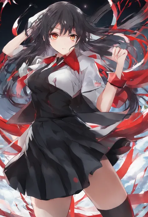 Beautiful, Masterpiece, Best quality, Extremely detailed face, Perfect lighting,1girll, Solo, Matoy Ryuko, Black serafuku, Black skirt, Red hair, Chiyue, Torn clothes, underbust