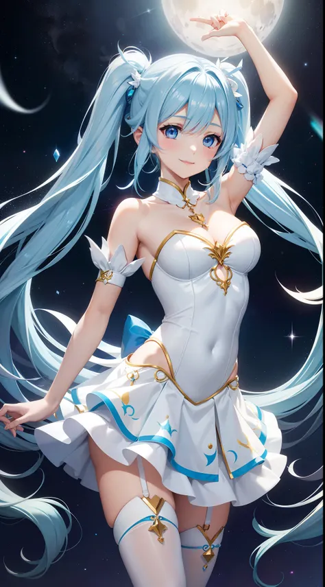 Super Idol　a beauty girl　A charming smile　sky blue hair　length hair　Twin-tailed　Light cream and white leotard outfit　frontage　Fantasia　constellation　a moon　Crystal Brilliance　Aurora Borealis in the Night Sky