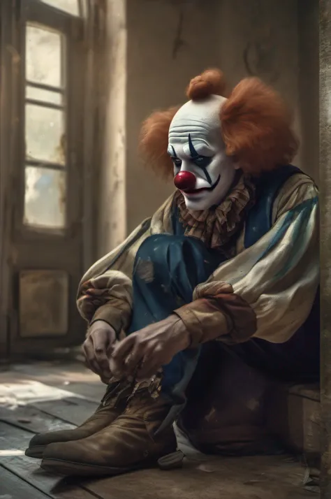 ((photorealistic portrait)) A desolate clown, hunched in a corner, knees apart, lost in melancholy. The faded colors of his makeup mirror the weight of his sorrow.  8k resolution concept art portrait by Greg Rutkowski,