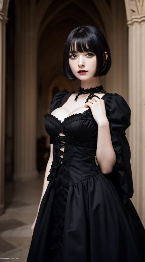 Gothic lolita、short-hair、｟Colossal tits:1.2｠,｟Skin revealing｠、Breast Pulling Pose、absolutely outstanding image, very extremely beautiful、​masterpiece, top-quality,a picture, kawaii、8K、In the church of Gothic architecture