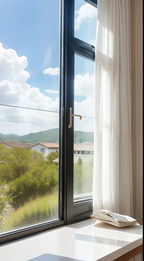 hermosas cortinas，The curtain folds are straight，Screens，窗帘，The white table next to the frameless window has a cool bag，Large living room，Blue sky and white clouds outside the window Window sill front window，rays of sunshine，8K