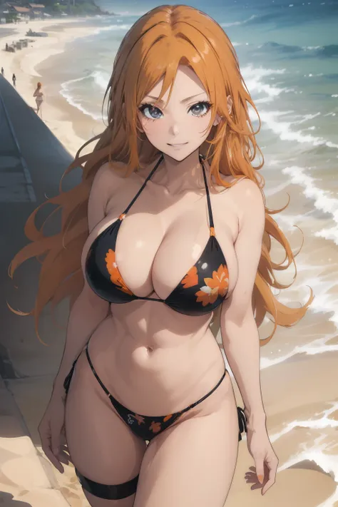 (​masterpiece、top-quality、top-quality、Beautifully Aesthetic:1.2)、ighly detailed、highestdetailed、grey  eyes、orange color hair|Semi-long blonde hair、cleavage of the breast、((Immaculate bikini))、(highleg)、Matsumoto Rangiku、graffiti art、Look at the viewer、A sm...