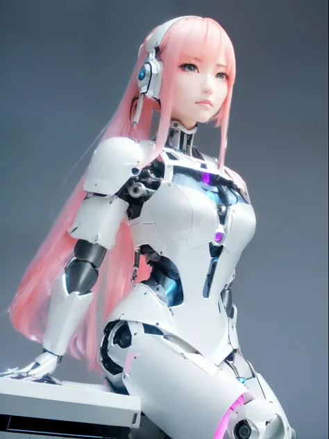 ((masutepiece)), ((top-quality), high quarity、ultra-definition, Realistic,  fulcolor 、One beautiful robot woman、Joints of machines、Frame of the machine、Thick wire joints、White porcelain mechanical armor、(Curvaceous face)、deadpan、pink straight hair、((Electr...