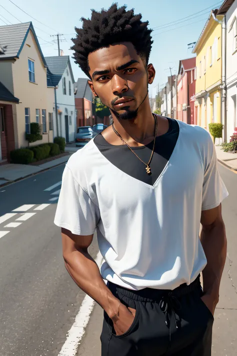 A black Americans man, 1.76 tall, black hair, dark eyes, tapered nose, normal body, light scar on his hand, on a busy road, houses with apparent bricks in shades of white, blue and yellow, on a sunny day. With richness of detail and main focus on man.