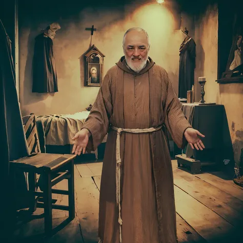 imagem de um monge em uma sala com uma mesa e cadeiras, vestindo vestes marrons, vestidos castanhos, inspirado em padre pio, dir...