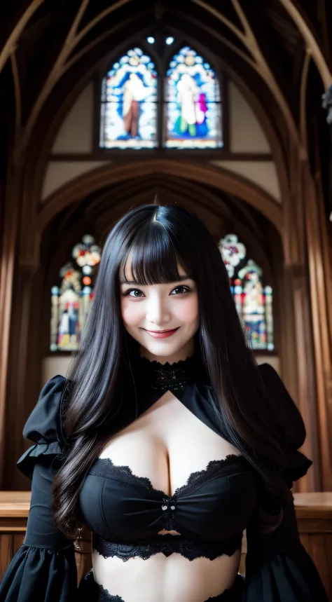 Gothic lolita、from below,a smile、｟Colossal tits:1.2｠,｟Skin revealing｠、Breast Pulling Pose、absolutely outstanding image, very extremely beautiful、​masterpiece, top-quality,a picture, kawaii、8K、In the church of Gothic architecture