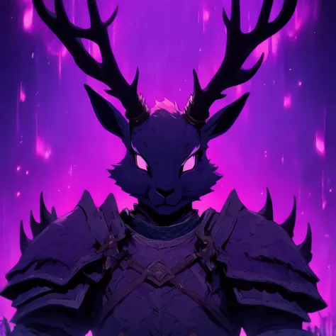 Knight Jackalope, short purple hair, jackalope antlers, dark armor(masterpiece, best quality)