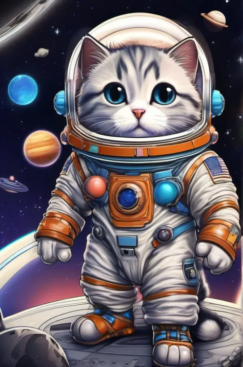 best quality, masterpiece, very detailed, cute chibi space-suit cat, space and planets background, detailed background