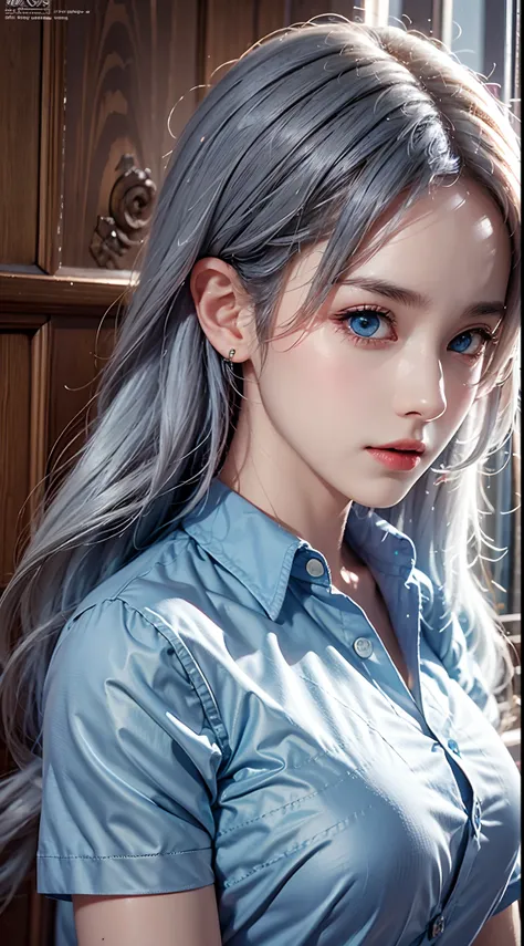 photorealistic, high resolution, soft lights, 1women, solo, hips up, look at viewer, (detailed face), blue eyes, white hair, long hair, huge breasts, school uniform, shirt, button shirt, skirt, tattoo, colorful clothing, jewelry